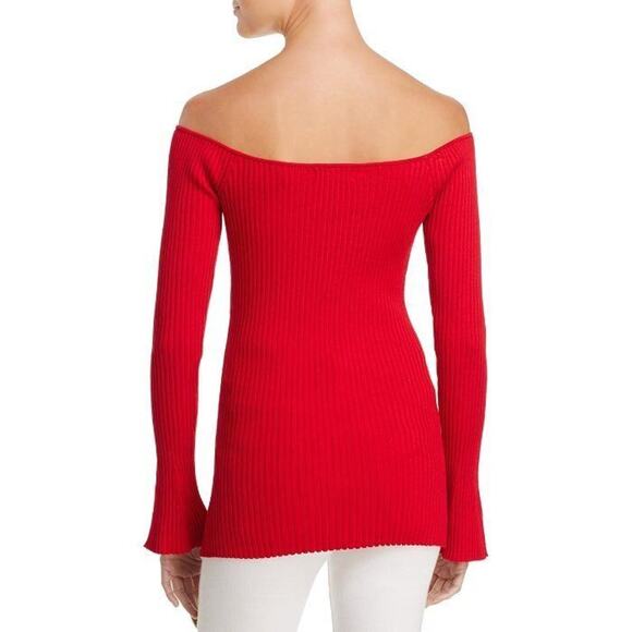 $198 MLM Label Red Ribbed Long Bell Sleeve Off Shoulder Indiana Sweater M NWT - Picture 2 of 11